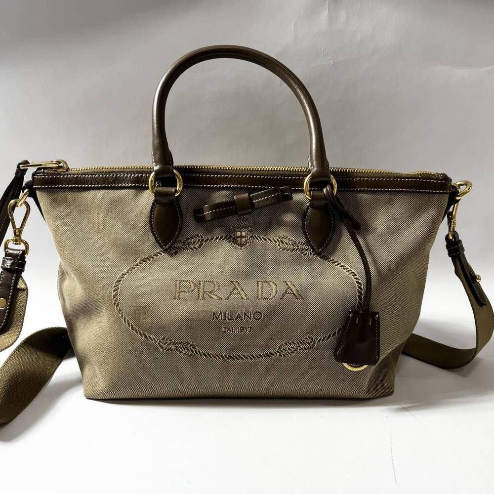 PRADA Jacquard Tote Bag Handbag Canvas Leather Beige Brown